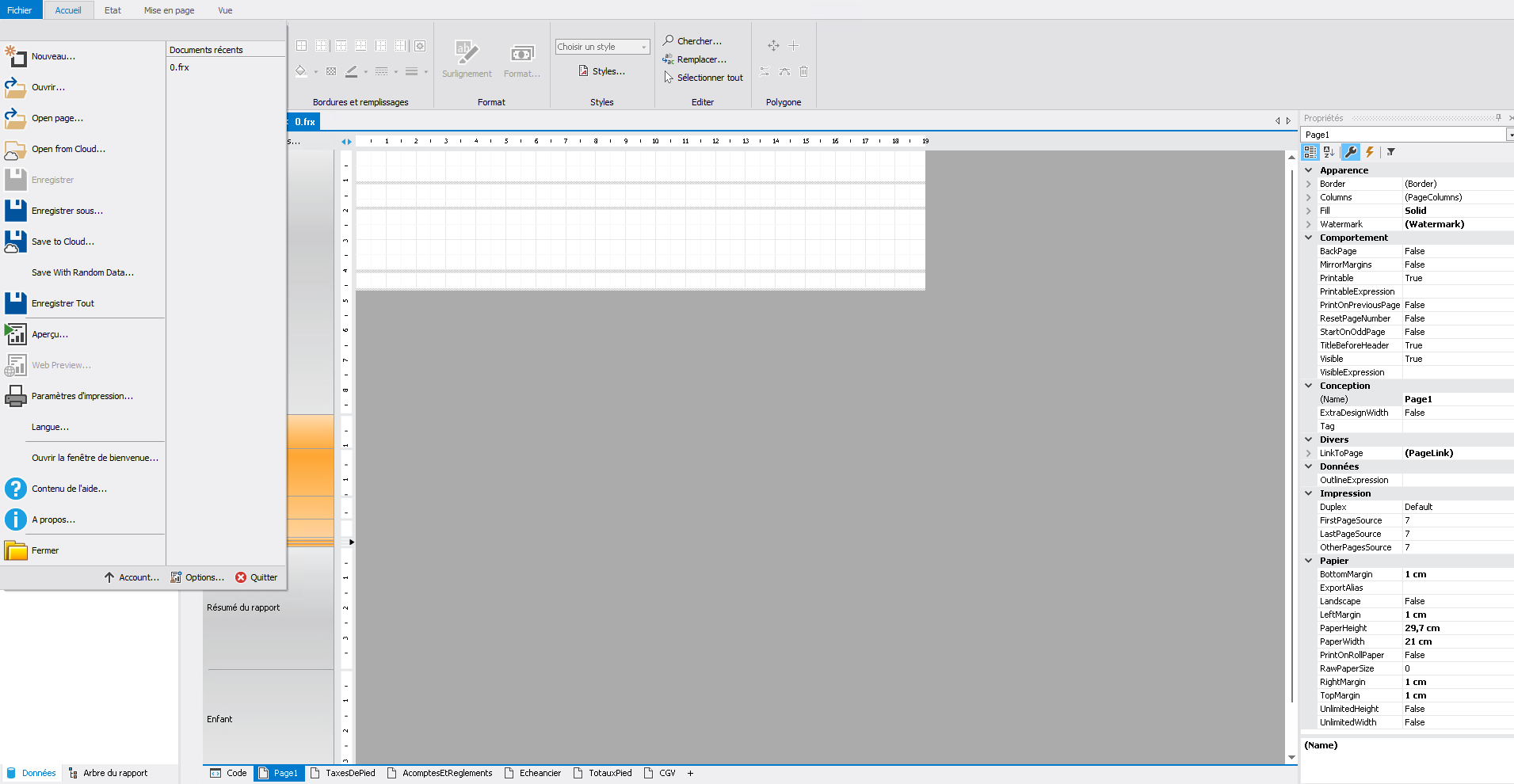 Menu Fichier – actions principales