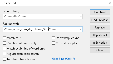 Remplacer "dbo" par le schéma SPC dans le .frx