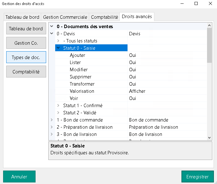 Droits avancés – Types de doc.