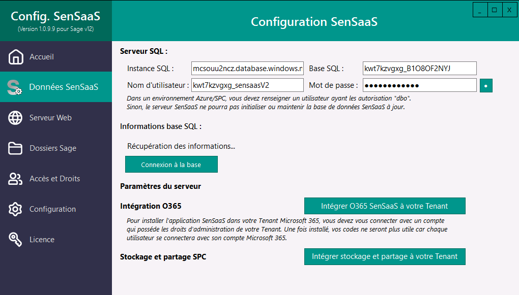 Données SenSaaS – Configuration SQL + SPC (avec bouton d’accueil)