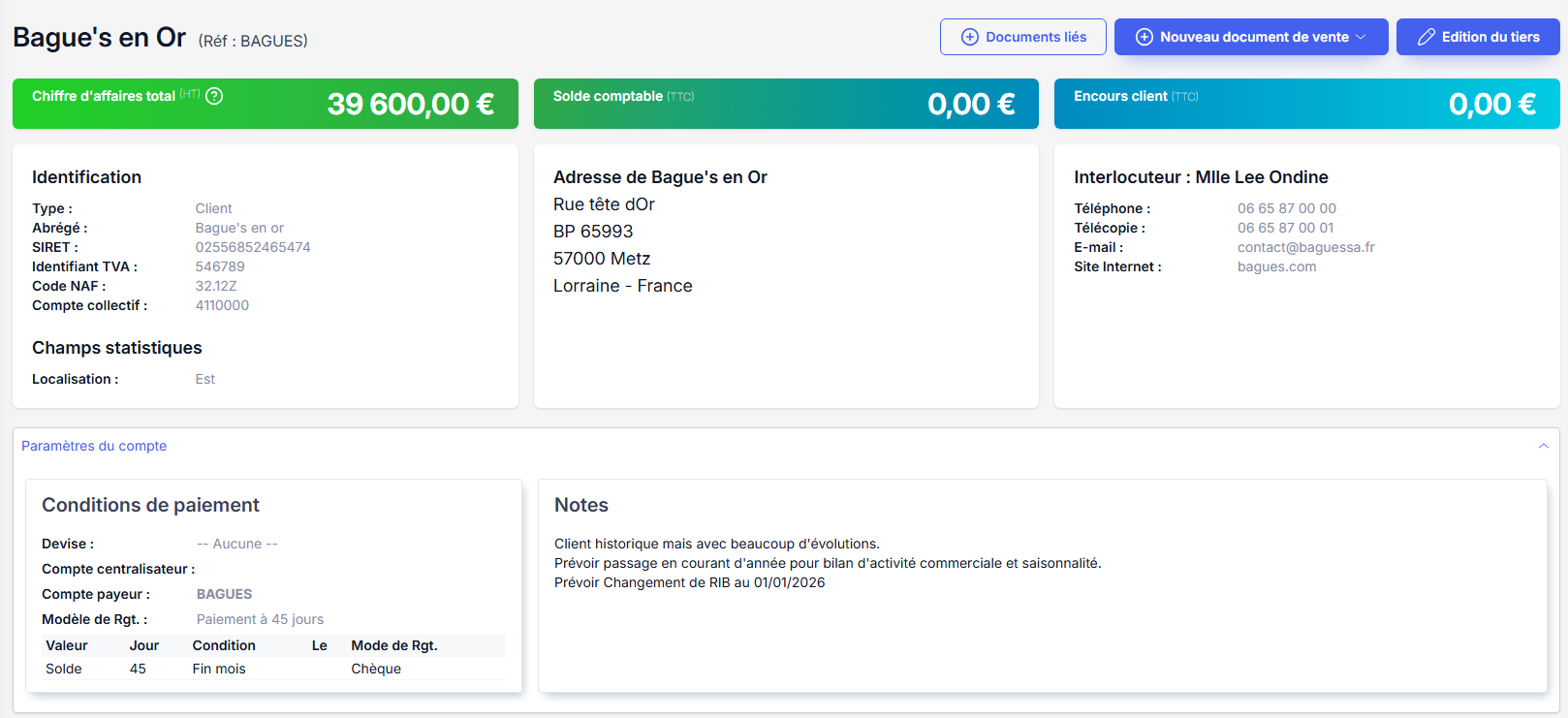 Fiche client – vue générale avec indicateurs