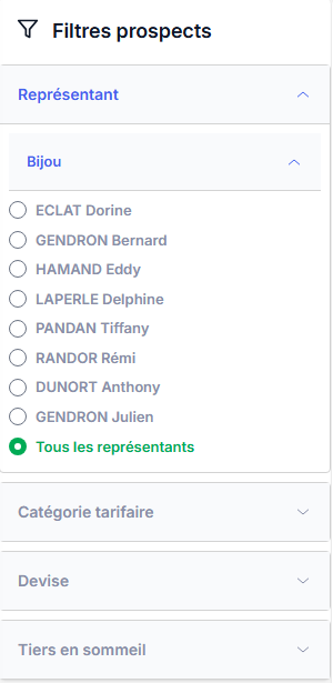 Volet de filtres prospects