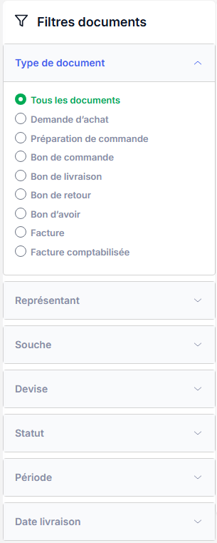 Filtres achats – panneau latéral