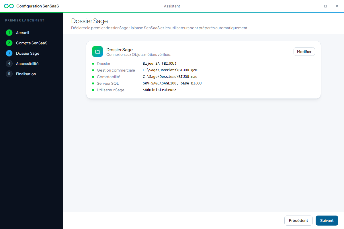 Étape Dossier Sage, connexion vérifiée : résumé du dossier