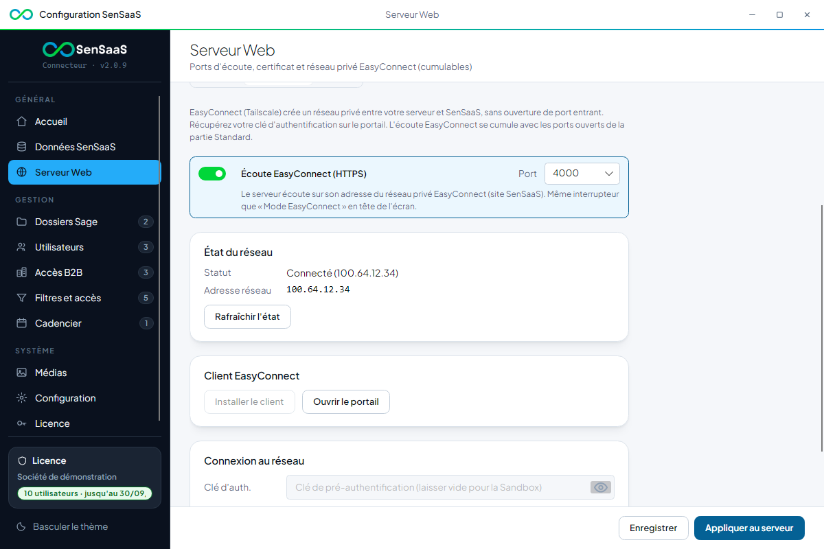 Partie EasyConnect de l'écran Serveur Web