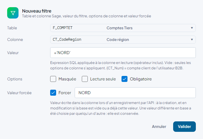 Fenêtre Nouveau filtre avec une valeur forcée