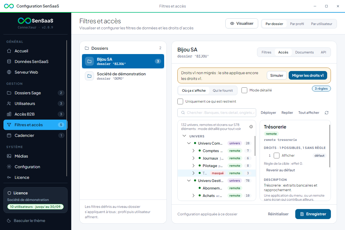 Onglet Accès de l'écran Filtres et accès : univers, remotes et écrans, Trésorerie masquée