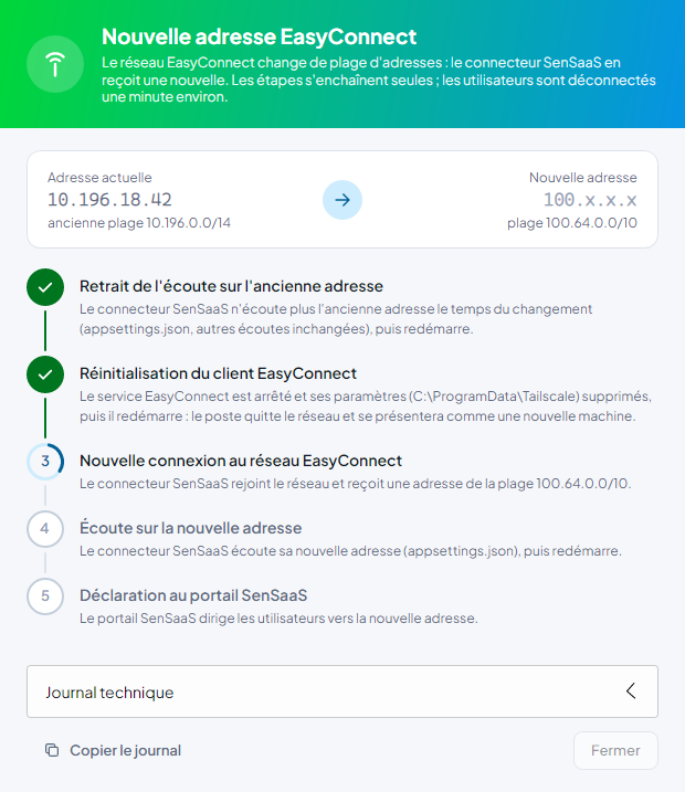 Fenêtre Nouvelle adresse EasyConnect pendant le changement d'adresse