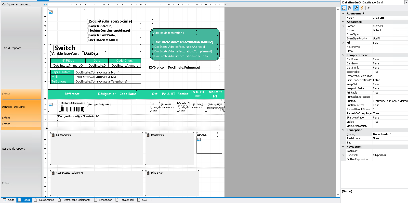 Propriétés – Bande sélectionnée