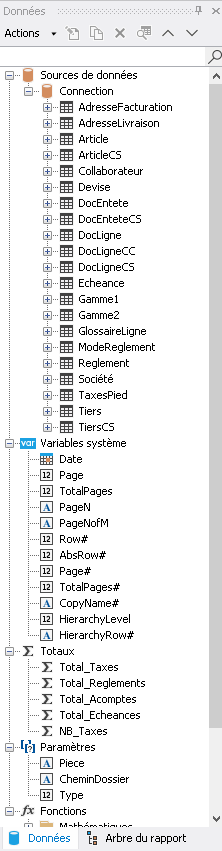 Panneau Données – sources et champs disponibles