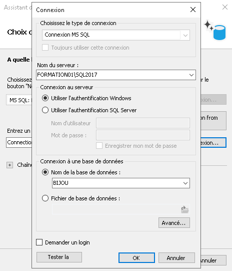 Connexion – paramètres MS SQL (serveur, authentification, base)