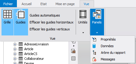 Menu Panels – afficher/masquer Propriétés, Données, Arbre du rapport, Messages