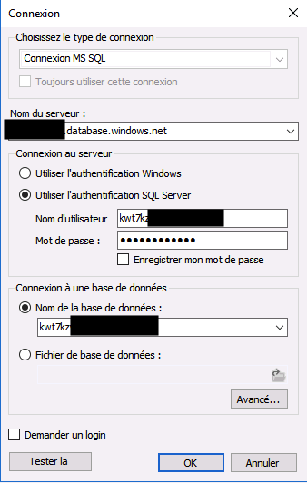 Connexion – paramètres MS SQL