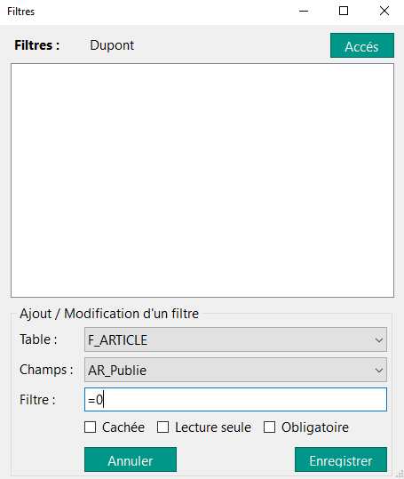 Fenêtre Filtres – utilisateur Dupont