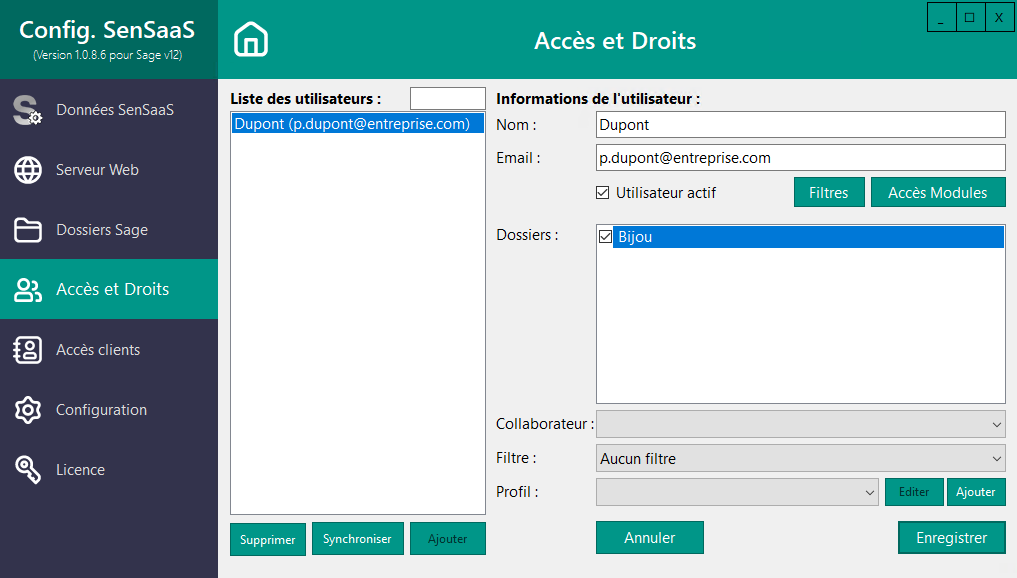 Utilisateur Dupont configuré