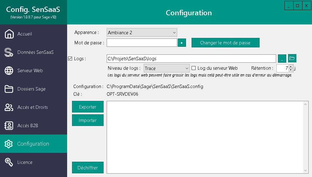 Écran Configuration – Vue générale