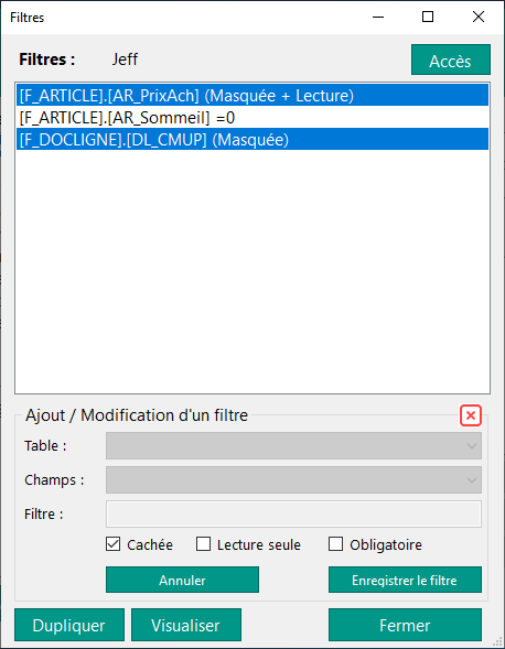 Sélection des groupes de filtres