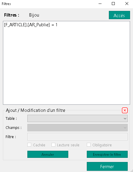 Aperçu – fenêtre des filtres