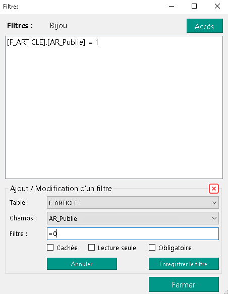Création filtre – F_ARTICLE / AR_Publie = 0