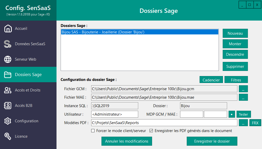 Configuration des Dossiers Sage avec accès à l'initialisation FRX