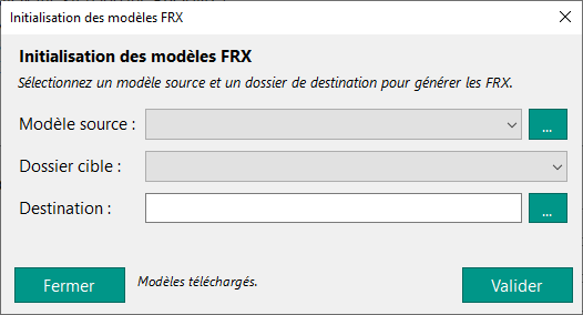 Fenêtre d'initialisation des modèles FRX