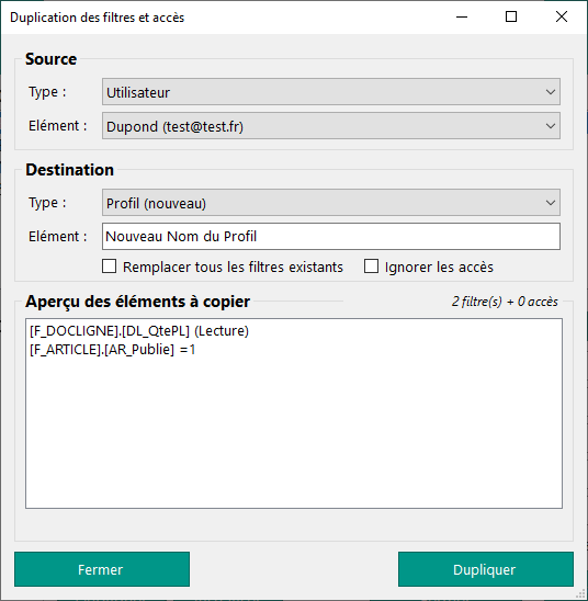 Duplication profil utilisateur