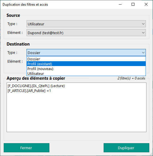 Sélection de la destination