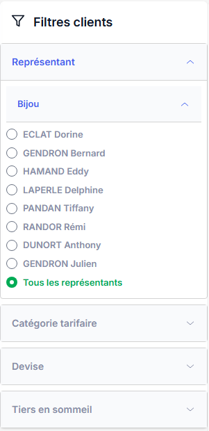 Panneau de filtres clients