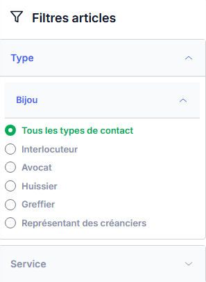 Volet filtres contacts