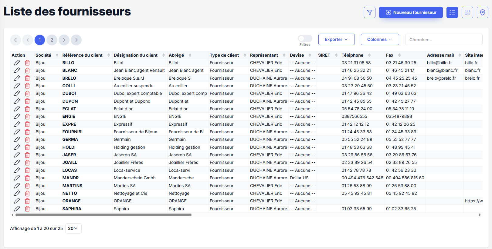 Liste des fournisseurs