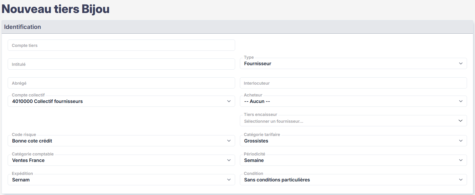 Création fournisseur - Identification