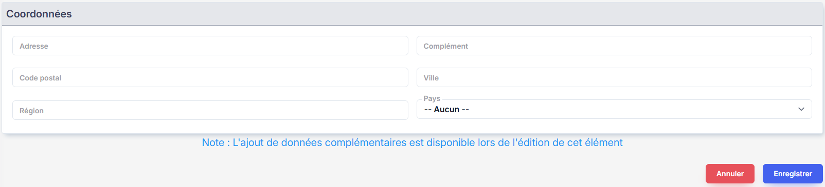 Création fournisseur - Coordonnées
