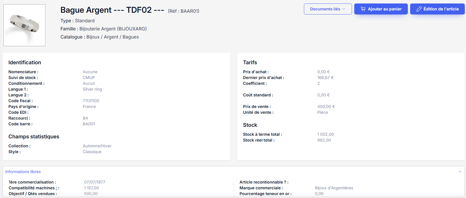 Vue générale fiche article