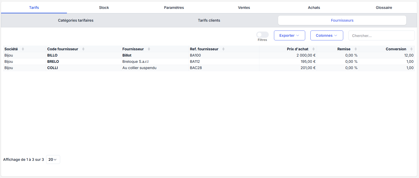 Tarifs article / Fournisseurs