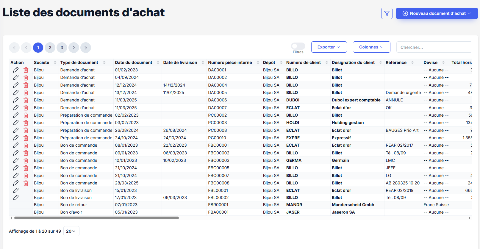 Liste des documents d’achat