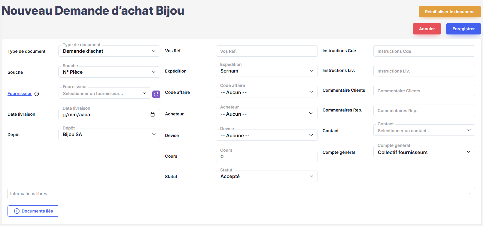 Entête de création d’achat
