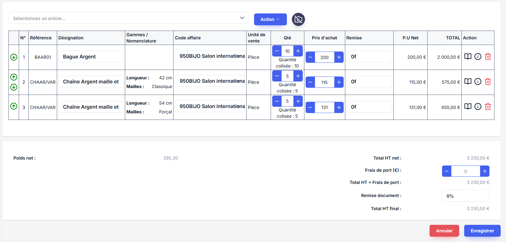 Création – lignes d’articles