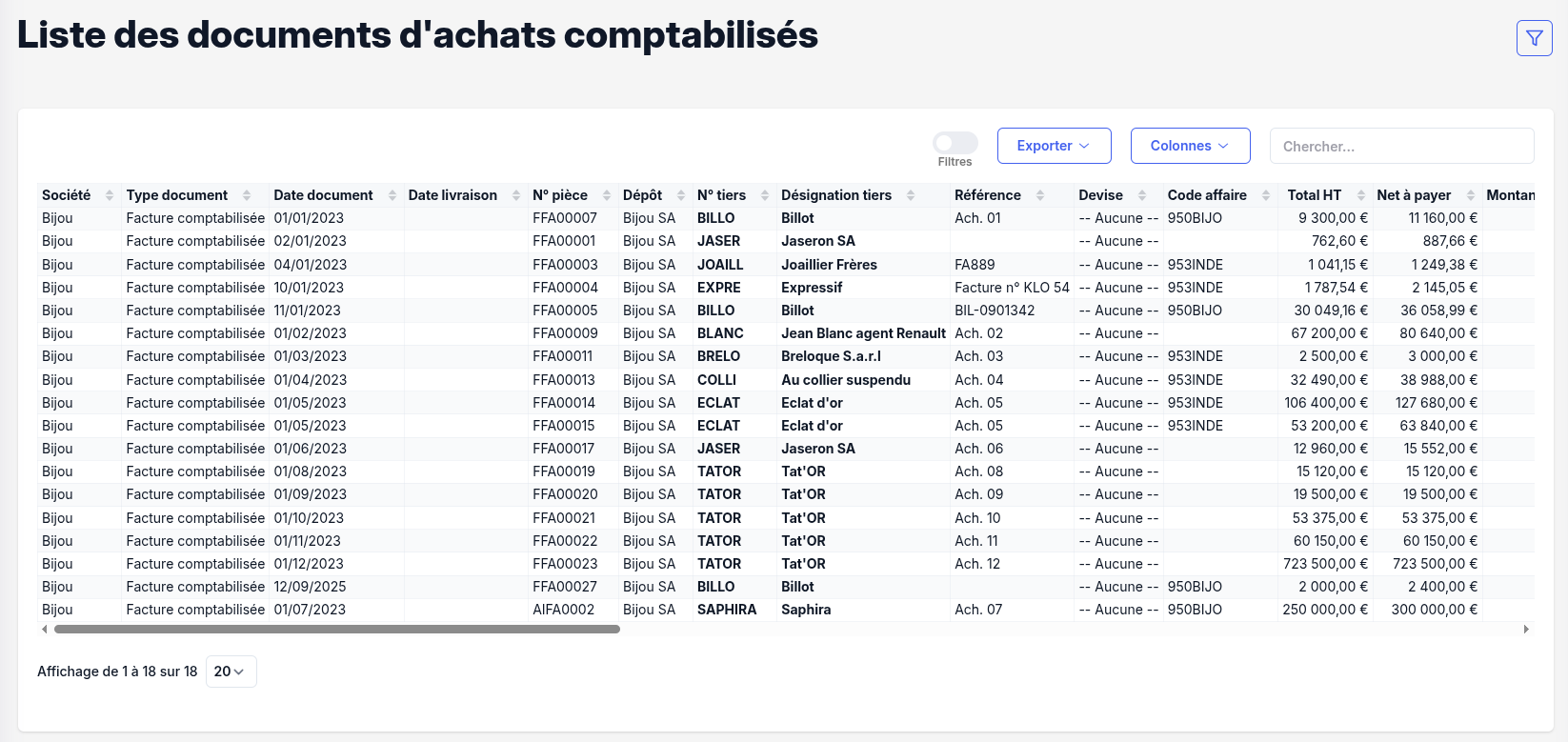 Liste des achats comptabilisés