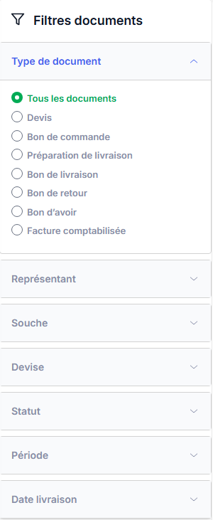 Panneau filtres documents