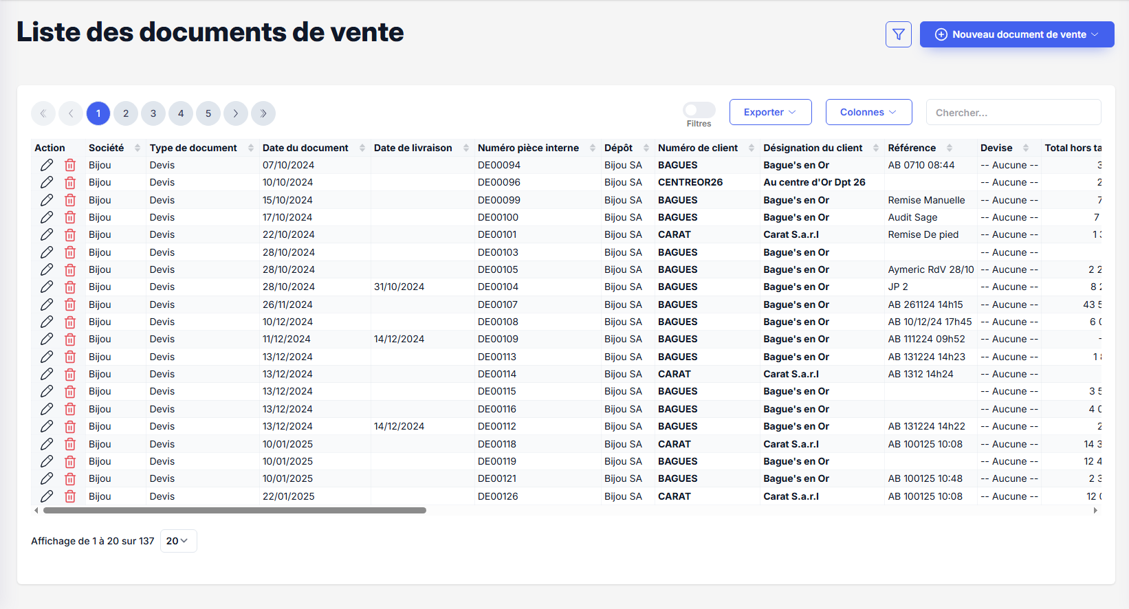 Liste des documents de vente