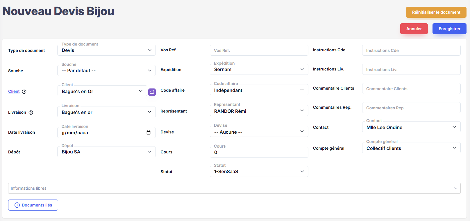 Entête du Devis – informations générales