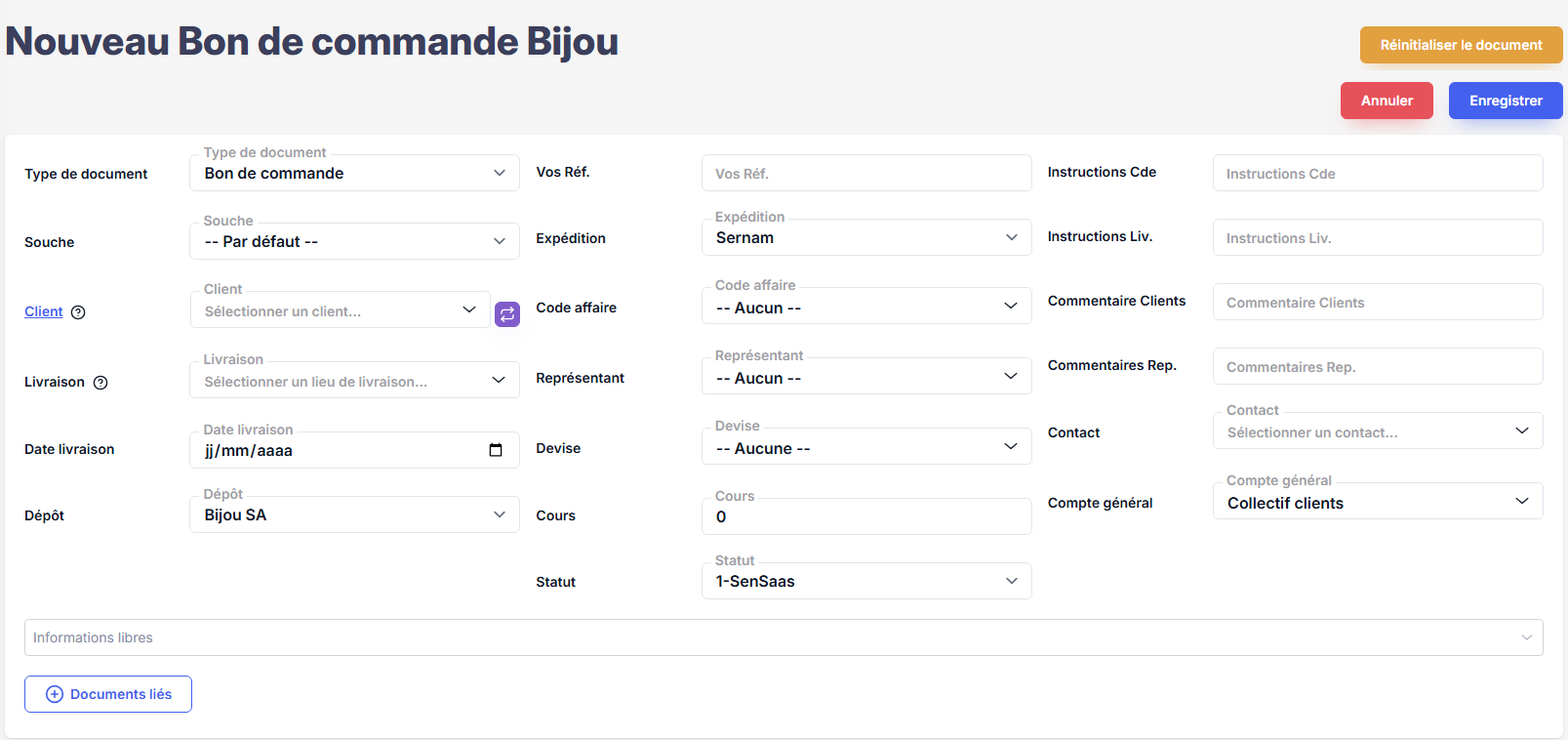 Entête du Bon de commande – informations générales